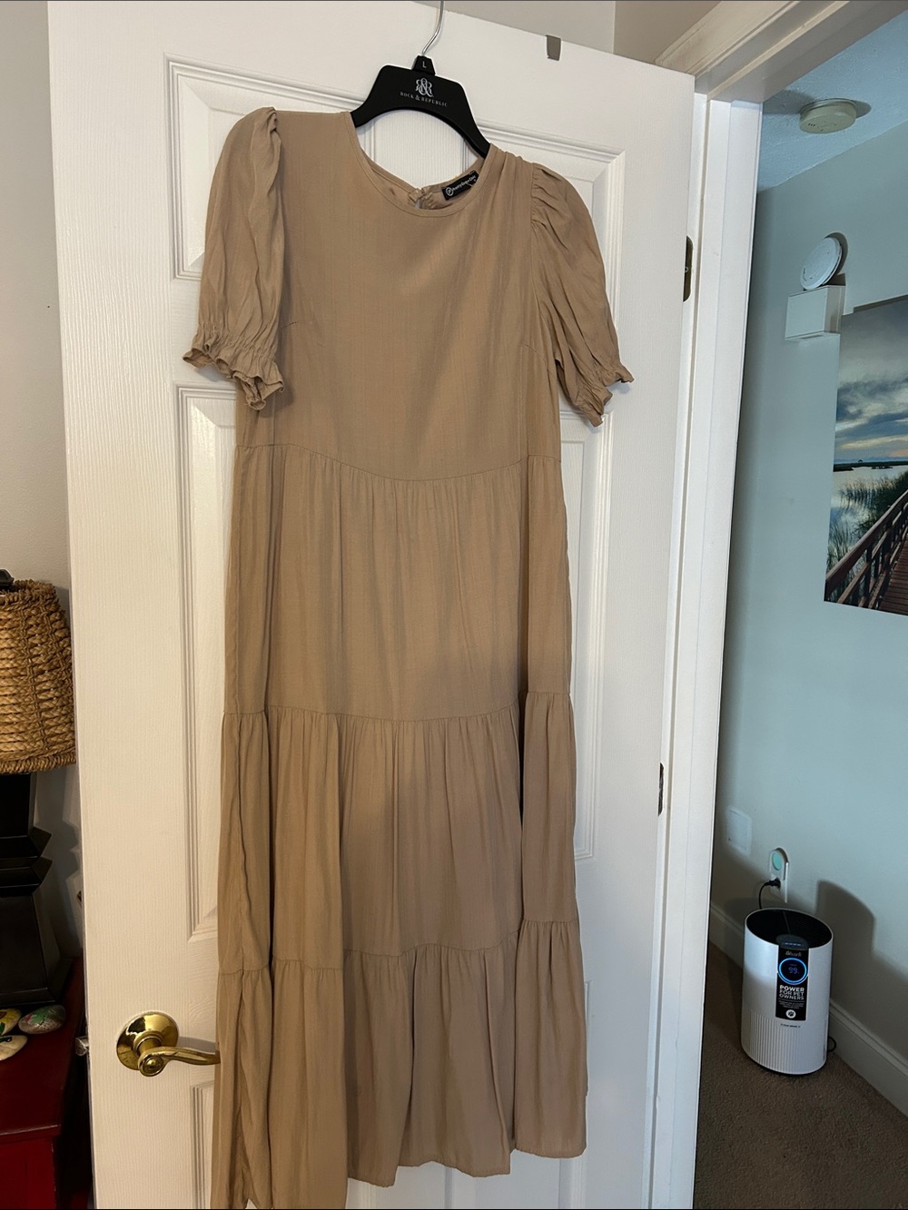 Women’s Tiered Maxi Dress in Neutral Tan with Puff Sleeves